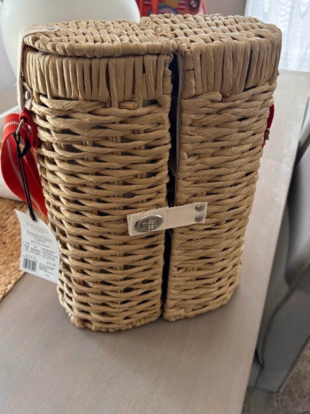 Hearth & Hand Woven Picnic Basket with Red Strap